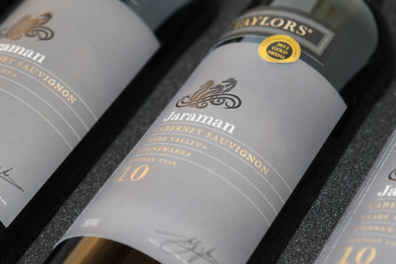 A Taylors Jaraman Cabernet Sauvignon wine bottle at the cellar door in the Clare Valley Australia.