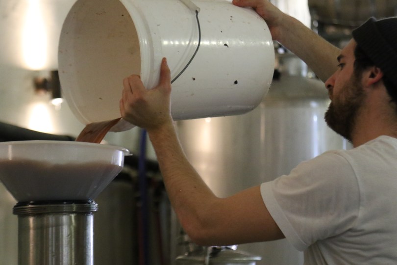 Pouring a bucket of wine into a tank at the Greystone winery in New Zealand.