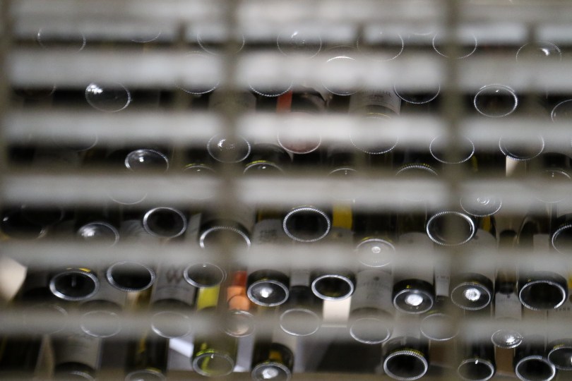 A wine rack shot through the stairs at Greystone winery in New Zealand.