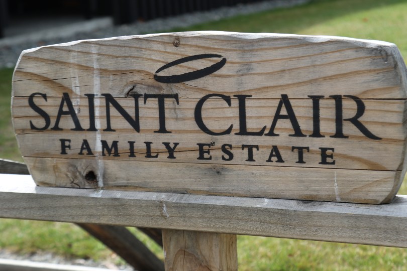 A Saint Clair Family Estate sign at the winery cellar door in Marlborough New Zealand.