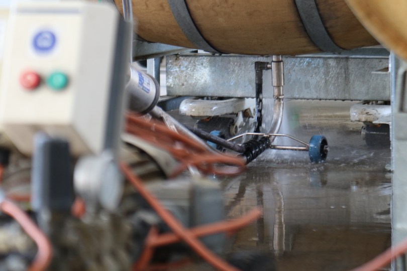 Cleaning the wine barrel at Charles Sturt University in Australia.