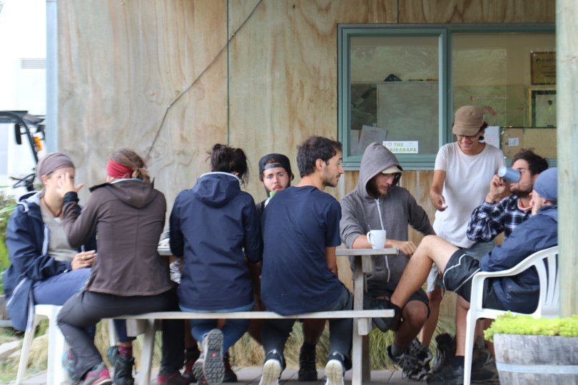Break time for Escarpment grape pickers during the vintage sixteen harvest.