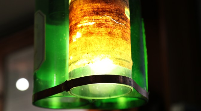 Wine bottle lights in the Pegasus Bay cellar door in Waipara Valley in New Zealand.
