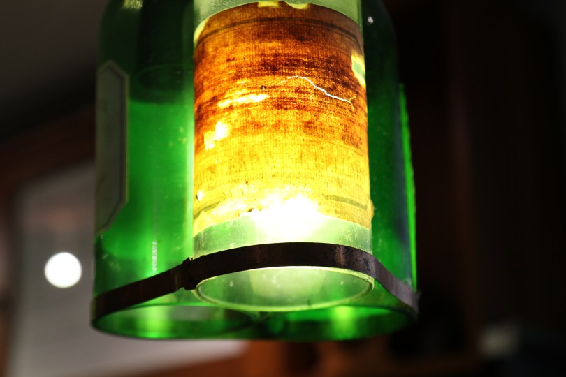 Wine bottle lights in the Pegasus Bay cellar door in Waipara Valley in New Zealand.