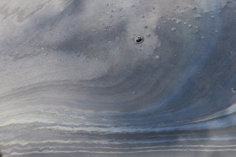 A grape in the winery escapes and can be seen in an oily flow of water.