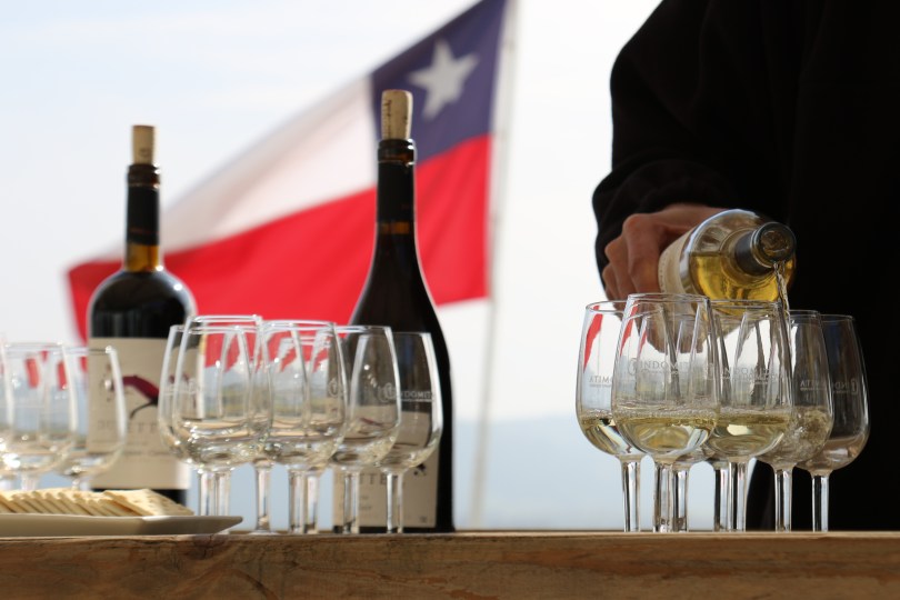 Pouring Sauvignon Blanc at the Indomita winery in the Casablanca Valley in Chile.