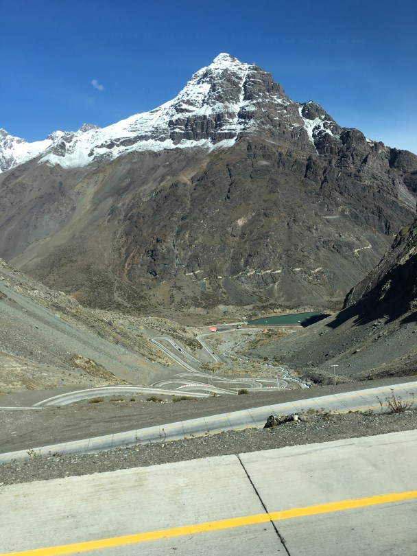 The view down the winding bends of the mountain from the Los Libertadores border crossing between Argentina and Chile.