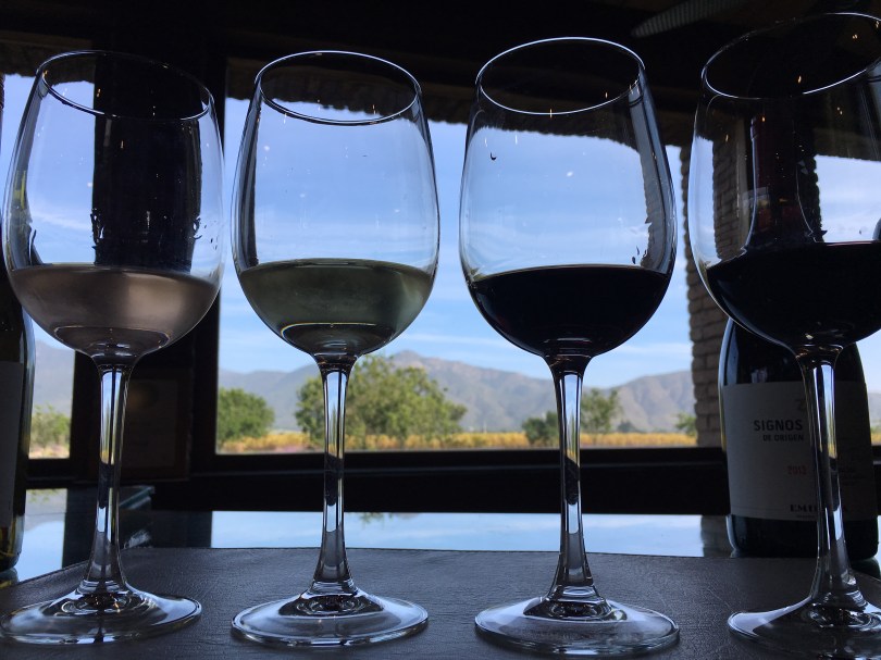 Wine glasses at the bar in the Emiliana cellar door and shop in the Casablanca Valley in Chile.